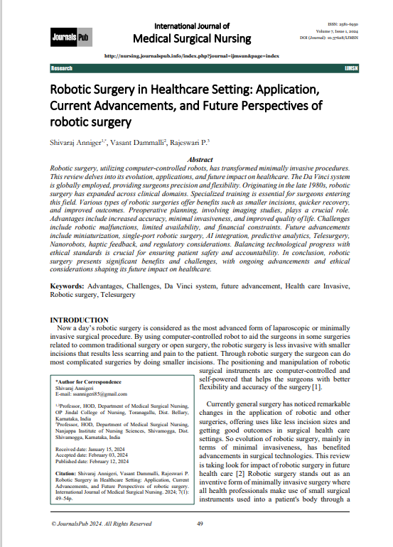 Robotic Surgery in Healthcare Setting: Application,  Current Advancements, and Future Perspectives of  robotic surgery